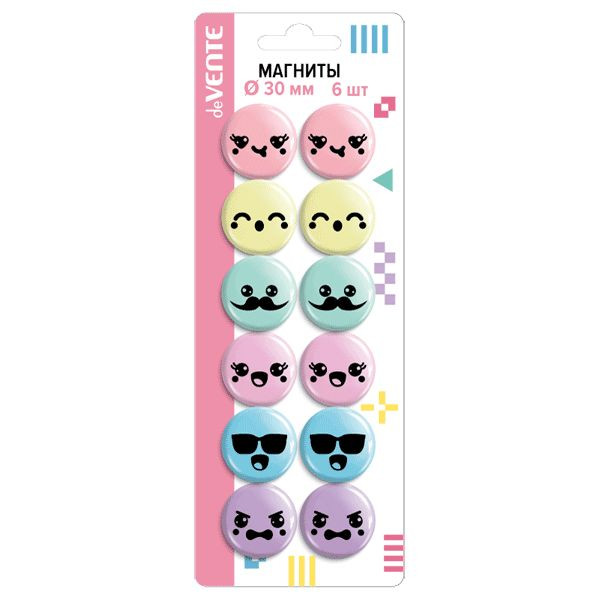 Магнит для доски офисной "deVENTE. Pastel. Smile" Ø 30 мм, 12 шт, ассорти в пастельных цветах, в картонном блистере