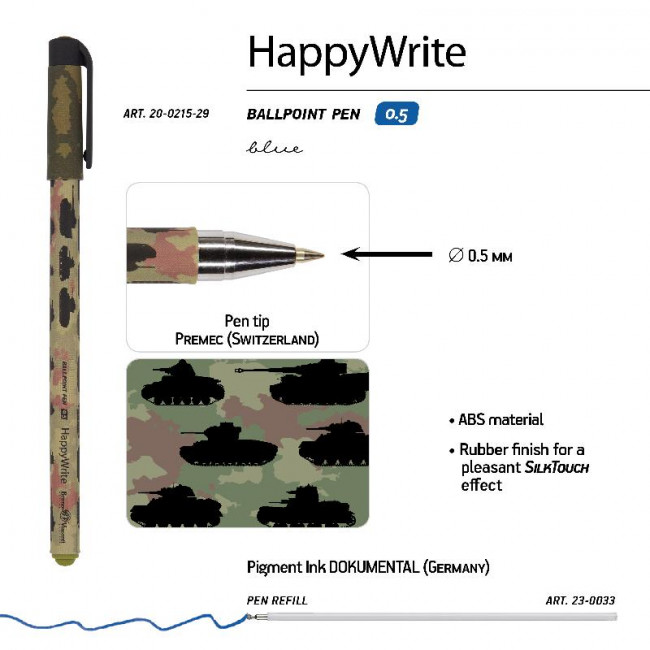 Ручка шариковая 0,5мм синяя "HappyWrite. Военный паттерн. Танки", BV/20-0215/29 (24)