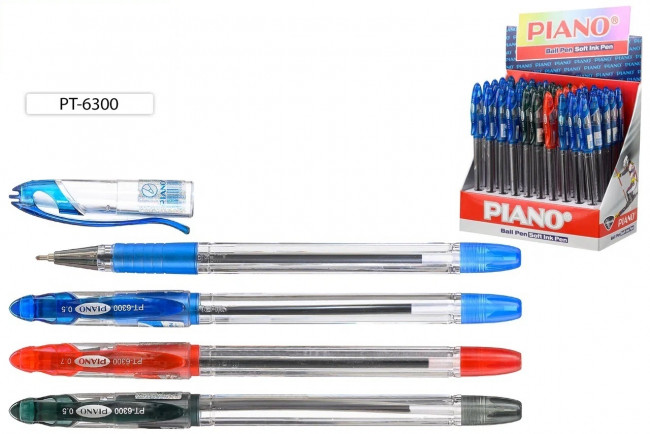 Ручка шариковая: на масляной основе: "Piano", прозрачный корпус, игольчатый наконечник, резиновый держатель, колпачок с цветным клипом /3 цв.:35-син,10-чёр,5-красн./толщина пишущего наконечника 0,7 mm