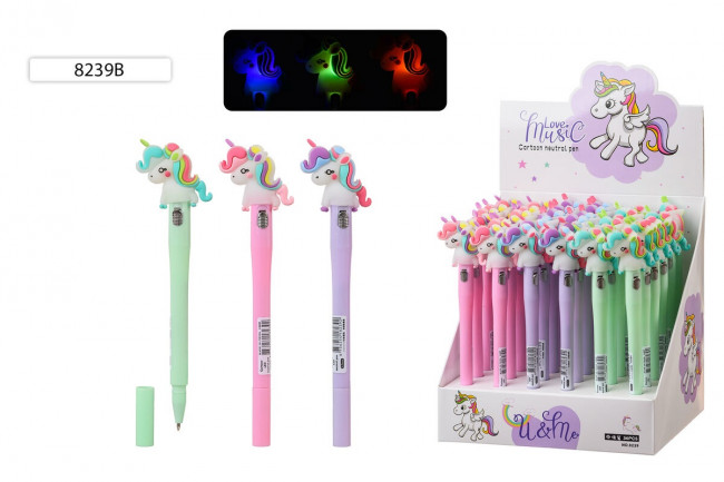 Ручка шариковая синяя "Единорог", прорезиненный наконечник фонарик, Basir/8239B (36)