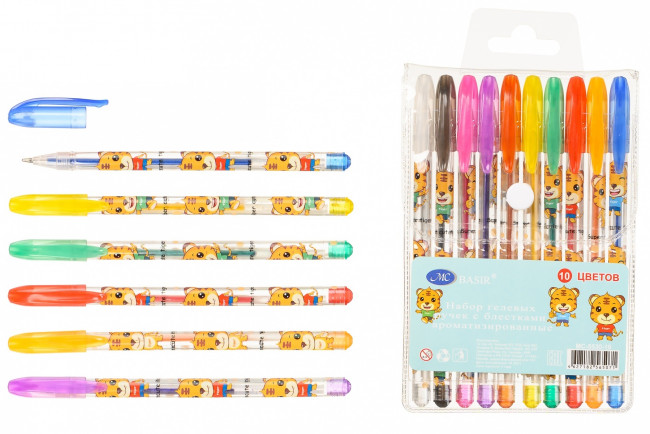 Набор гелевых ручек: "ТИГРЫ"; ароматизированные, с блёстками, прозрачный пластиковый корпус с рисунком, цветной колпачок /в цвет чернил/, упаковка с европодвесом, 10 цветов.