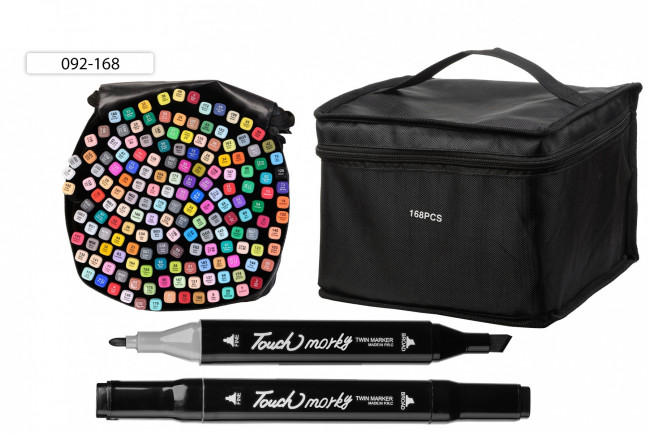 Набор скетчмаркеров: двусторонние, 1,0-7,0 mm; чёрный квадр. формы корпус; на спиртовой основе; тканевая чёрная сумка на молнии, 168 цветов/ 092-168