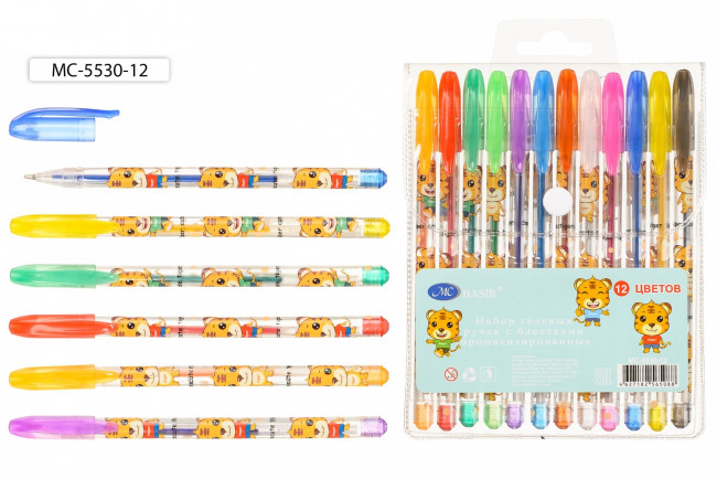 Набор гелевых ручек: "ТИГРЫ"; ароматизированные, с блёстками, прозрачный пластиковый корпус с рисунком, цветной колпачок /в цвет чернил/, упаковка с европодвесом, 12 цветов.