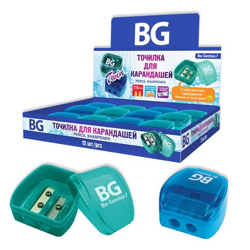 Точилка "TWIN", пластик, 2 отверстия, контейнер, ассорти, шоу-бокс, BG (12/72)