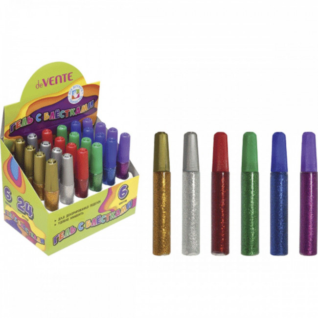 Гель с блестками "deVENTE. Glitter Gel" с блестками, туба по 10 мл, смываемый до высыхания, ассорти 6 цветов в картонном дисплее (24)