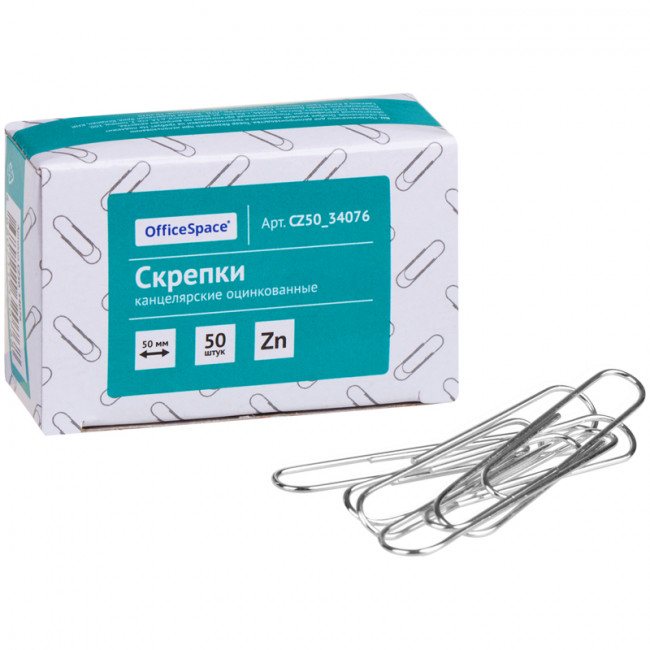 Скрепки 50мм, OfficeSpace, 50шт., оцинкованные, карт. упаковка Скрепки 50мм, OfficeSpace, 50шт., оцинкованные, карт. упаковка