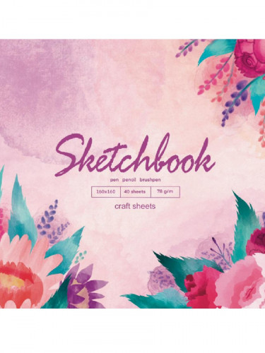 Скетчбук Цветы 160х160,мел картон,лён+мат лам,гребень слева,жест подл.,40л,78г(крафт блок) С40-4827