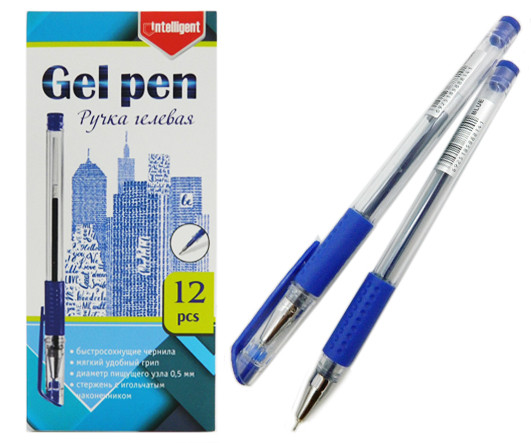Ручка гелевая  INTELLIGENТ DB-14 (син) 0.5мм, игольчатый стержень, прозрачный корпус, с резиновым грипом, с клипом (12/2880)