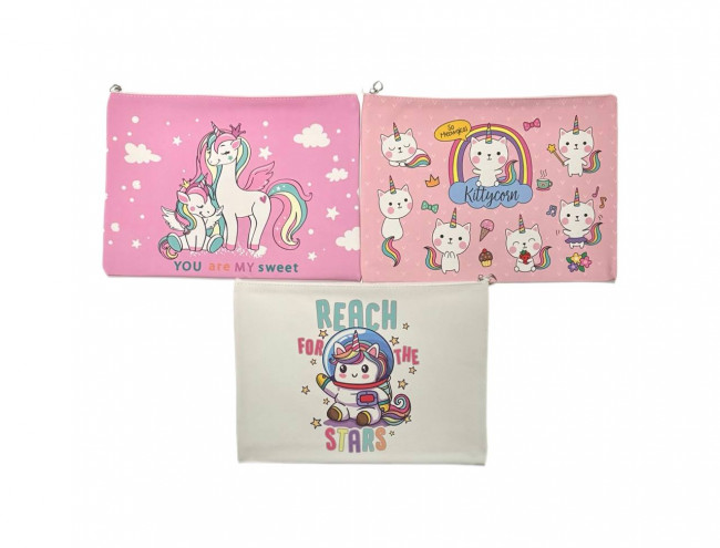 Папка канцелярская SWEET UNICORN, 33х24 см, полиуретан, на молнии, 3 дизайна в ассортименте, ОПП-упаковка/Mazari