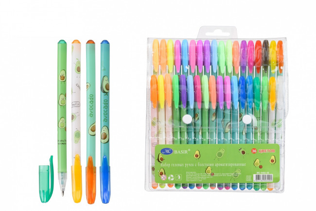 Набор гелевых ручек: "АВОКАДО"; ароматизированные, с блёстками, НЕОН, цветной пластиковый корпус с рисунком-авокадо, цветной колпачок /в цвет чернил/, упаковка с европодвесом, 36 цветов.