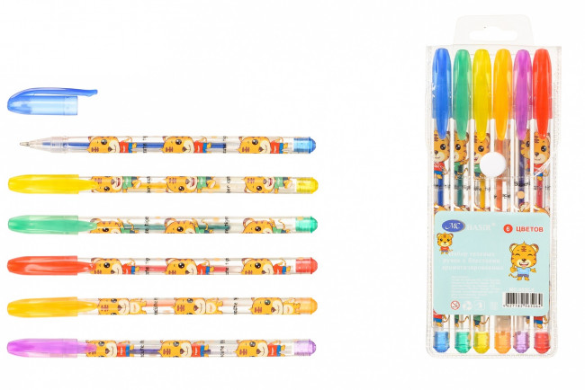 Набор гелевых ручек: "ТИГРЫ"; ароматизированные, с блёстками, прозрачный пластиковый корпус с рисунком, цветной колпачок /в цвет чернил/, упаковка с европодвесом, 6 цветов.
