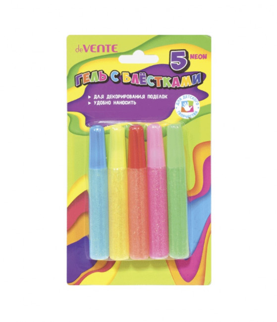 Гель с блестками "deVENTE. Neon Glitter Gel" 5 неоновых цветов с блестками по 10 мл, смываемый до высыхания (12)