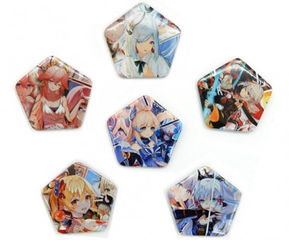 Значки JX-9 "Аниме персонажи" пятиугольные, диаметр 60мм, цвета ассорти, в ПВХ-пакете (10/1000)