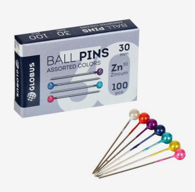 Булавки L30 мм, 100 шт. с цветной головкой, БК30-100Ц, Globus Булавки L30 мм, 100 шт. с цветной головкой, БК30-100Ц, Globus