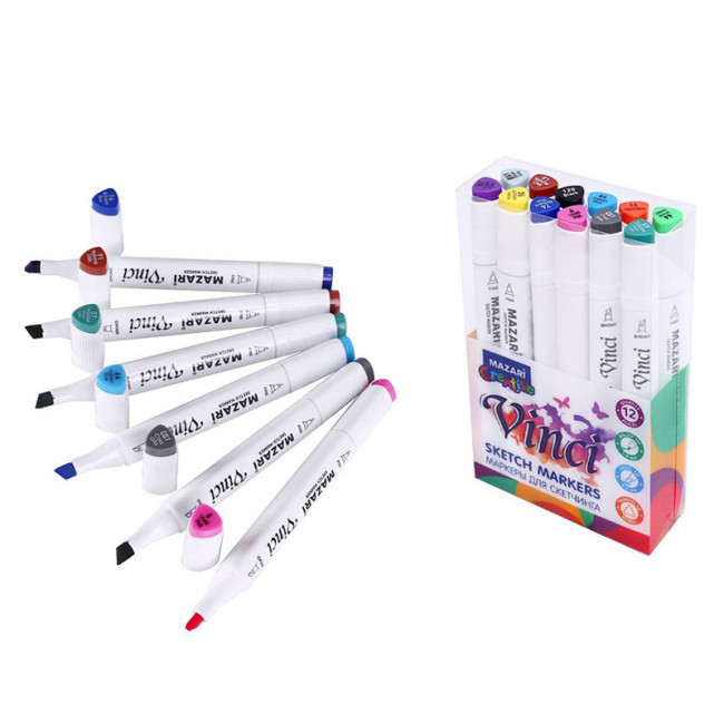 Набор маркеров для скетчинга двусторонние VINCI, 12цв., Main colors (основные цвета), корпус трехгранный, пулевид./клиновид.наконечники, пиш.узлы 1.0-6.2мм, ПВХ- упаковка