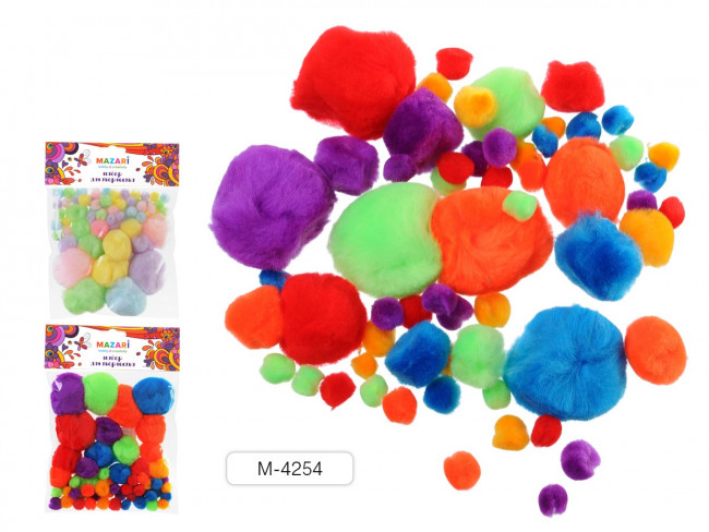 Помпоны декоративные разных размеров, 60 шт, ассорти цветов-2 вида, Mazari Помпоны декоративные разных размеров, 60 шт, ассорти цветов-2 вида, Mazari