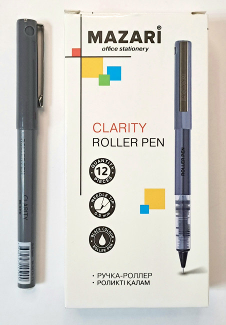 Ручка-роллер CLARITY, ЧЁРНАЯ,  игольчатый пиш.узел 0.5мм, корпус пластиковый, карт. уп. Mazari