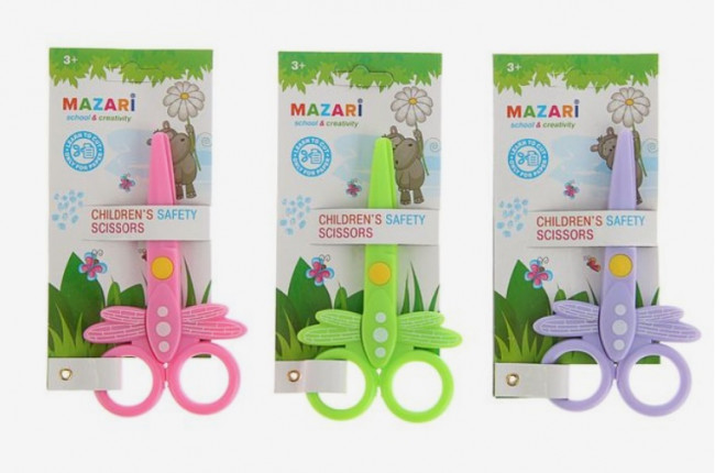 Ножницы детские 120 мм, безопасные пластиковые лезвия, пластиковые ручки, ассорти 3цвета, блистер с европодвесом/картонный дисплей