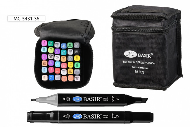 Набор скетчмаркеров: двусторонние, маркеры на пластмассовой подставке в тканевой сумке; пулевидный и клиновидный наконечники 1,0-7,0 mm; чёрный четырёхгранный корпус; на спиртовой основе; 36 цветов.