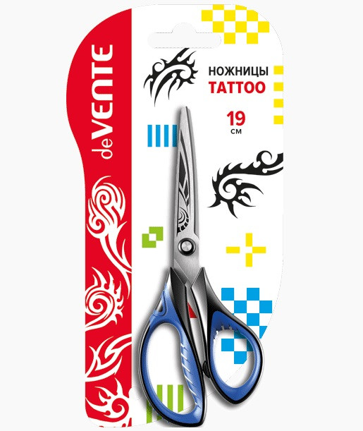 Ножницы канцелярские "Tattoo" 19см, двухцветные прорезиненные кольца с лепестками, протравленная гравировка на лезвиях, deVENTE/4091801