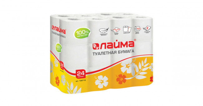 Бумага туалетная бытовая, спайка 24 шт., 2-х слойная, (24х18,5 м), LAIMA/ЛАЙМА, белая