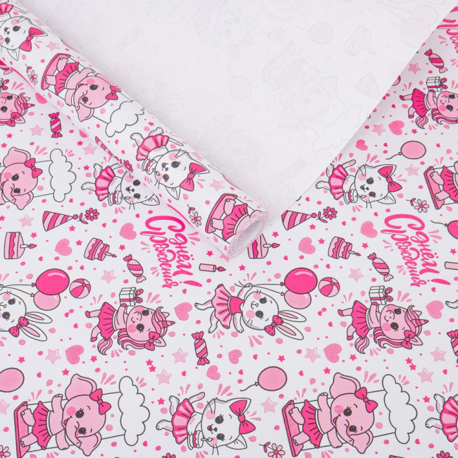 Бумага крафт белый 60гр/м2, 68см х 10м, Детский карнавал розовый на белом фоне