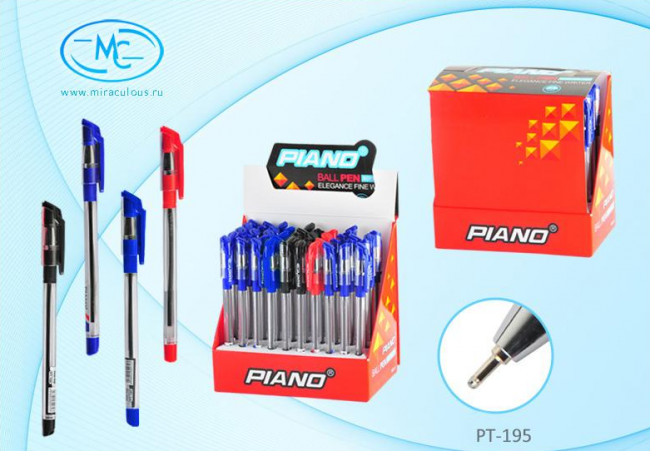 Ручка шариковая: на масляной основе:"Piano Classic", прозрачный корпус, колпачок с цветным клипом, резиновый держатель, игольчатый наконечник /3 цв.- 35шт.-синих, 10шт.- черных, 5 шт- красных/.0.5mm.