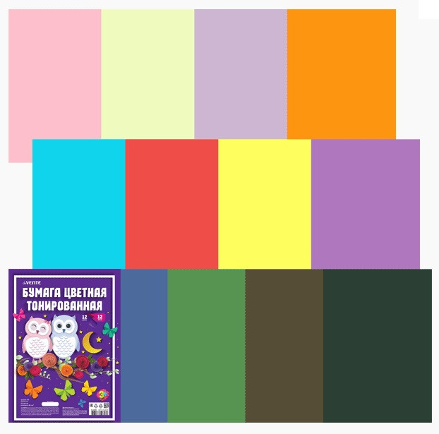Бумага цветная тонированная двусторонняя A4 80 г/м²  12 цв 12 л, deVENTE