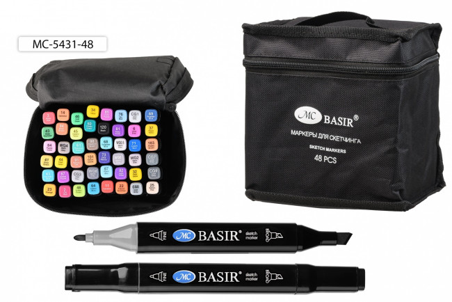 Набор скетчмаркеров: двусторонние, маркеры на пластмассовых подставках в тканевой сумке; пулевидный и клиновидный наконечники 1,0-7,0 mm; чёрный четырёхгранный корпус; на спиртовой основе; 48 цветов.