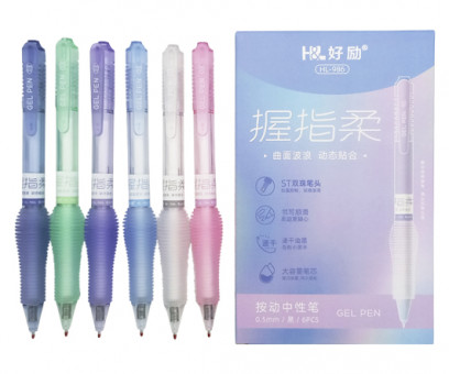 Ручка гелевая авт. HL-2 (черн) 0,5мм, с фигурным грипом, игольчатый стержень, цвета ассорти, в к/к HL-986 (6/96/1536)