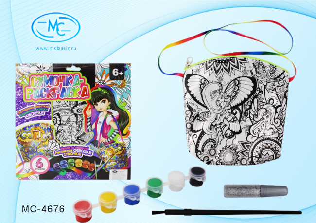 Сумочка-раскраска+1 кисть+краски /6цв/: из ткани, белого цвета с рисунком, размер 22*22 см, в яркой индивидуальной упаковке+инструкция.