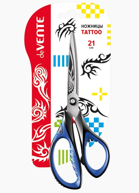 Ножницы канцелярские "Tattoo" 21см, двухцветные прорезиненные кольца с лепестками, протравленная гравировка на лезвиях, deVENTE/4091802