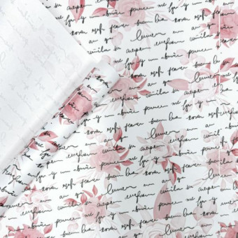 Бумага крафт белый 60гр/м2, 72см х 10м, Розы письмо, малиновый/графит на белом фоне