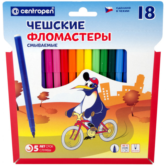 Фломастеры 18цв 7790//1885 "Пингвины" смываемые, Centropen (3)