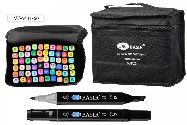 Набор скетчмаркеров: двусторонние, маркеры на пластмассовых подставках в тканевой сумке; пулевидный и клиновидный наконечники 1,0-7,0 mm; чёрный четырёхгранный корпус; на спиртовой основе; 60 цветов.