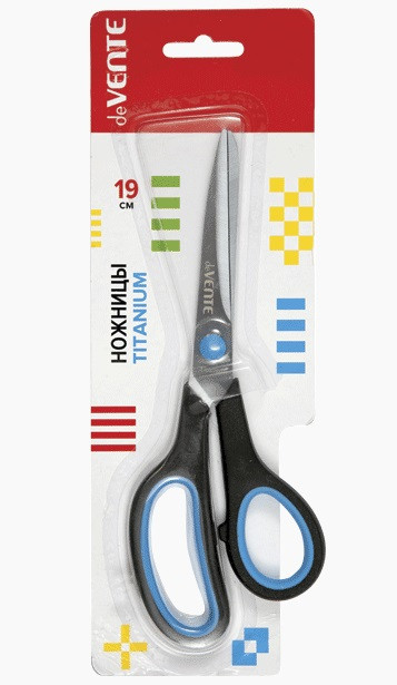 Ножницы канцелярские "deVENTE. Titanium" 19 см, лезвия из нержавеющей стали с титановым покрытием, двухцветные прорезиненные кольца, в картонном блистере Ножницы канцелярские "deVENTE. Titanium" 19 см, лезвия из нержавеющей стали с титановым покрытием, двухцветные прорезиненные кольца, в картонном блистере