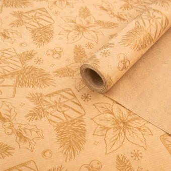 Бумага крафт 40гр/м2, 68см х 10м, "Цветы", золото на коричневом, Микрос/тв206224