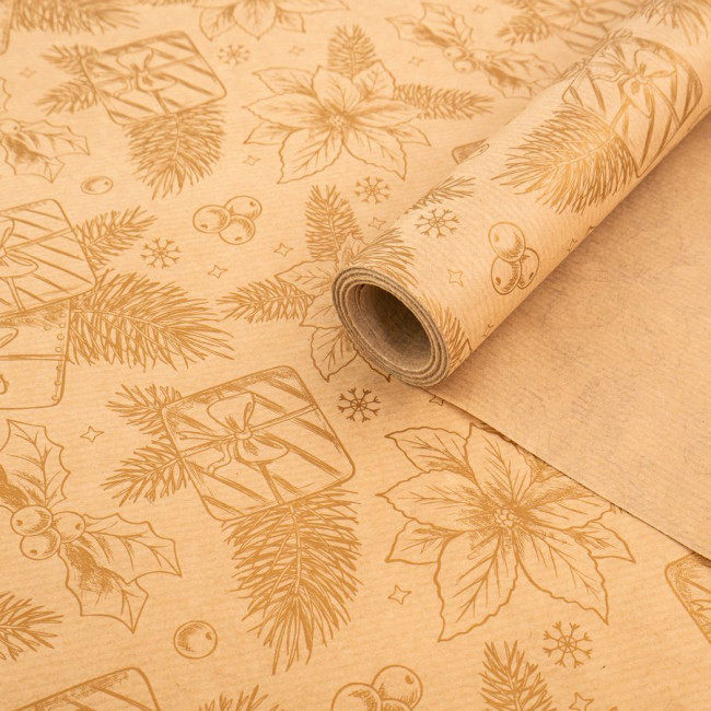 Бумага крафт 40гр/м2, 68см х 10м, "Цветы", золото на коричневом, Микрос/тв206224
