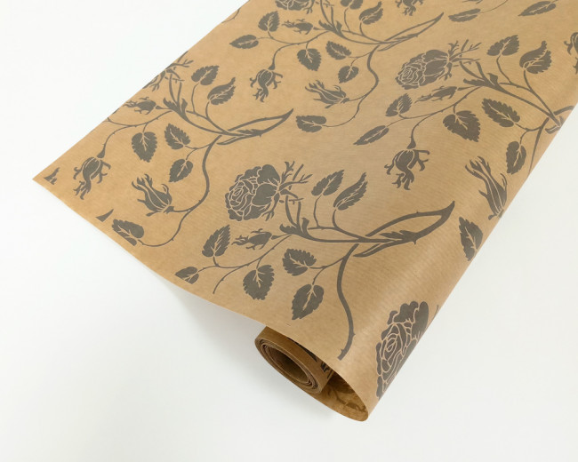 Бумага подарочная в рулоне (крафт) "Вьющиеся розы серые"