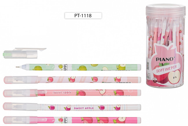 Ручка шариковая 0,6мм синяя "Яблоко"одноразовая  на масляной основе, пластиковый цветной корпус с рисунком, PIANO/PT-1118 (50)