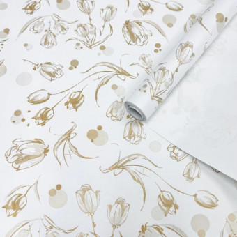 Бумага крафт белый 60гр/м2, 72см х 10м, Цветочный вальс, золото на белом фоне