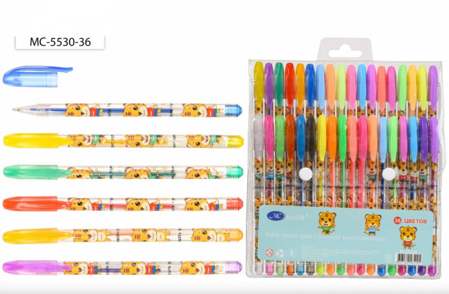 Набор гелевых ручек: "ТИГРЫ"; ароматизированные, неон и с блёстками, прозрачный пластиковый корпус с рисунком, цветной колпачок /в цвет чернил/, упаковка с европодвесом, 36 цветов.