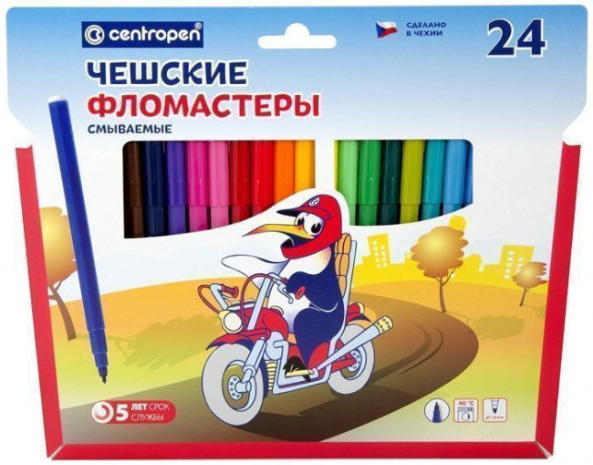 Фломастеры 24цв. Centropen "Пингвины",  шестигранные, смываемые, уп. картон