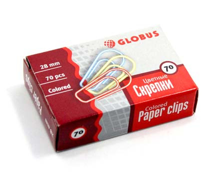 Скрепки 28 мм. Globus цветные 70шт. карт. упак. С28-70П (12/144)