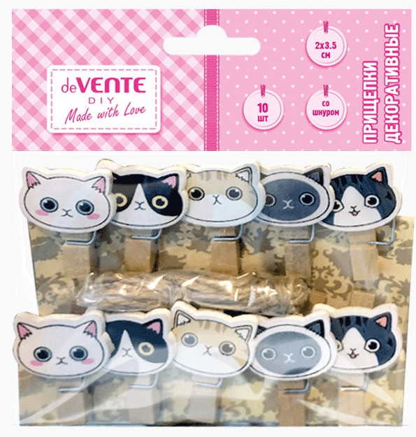 Прищепки декоративные 20x35мм, 10шт "Котики" деревянные, со шнуром, deVENTE/8120901