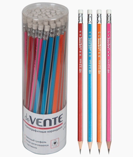 Карандаш  d=2,2мм, НВ, цвета корпуса пастельные ассорти с полосой, трехгранный, с ластиком, deVENTE (50)