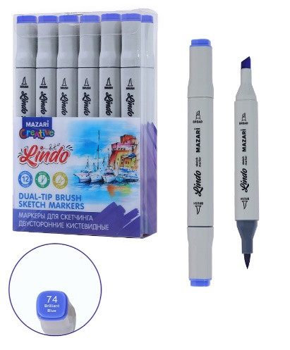 Маркер для скетчинга двусторонний LINDO, brilliant blue, кистевид./клиновид.наконечники, пиш.узлы 1.0-6.2мм, ПВХ- упаковка Маркер для скетчинга двусторонний LINDO, brilliant blue, кистевид./клиновид.наконечники, пиш.узлы 1.0-6.2мм, ПВХ- упаковка