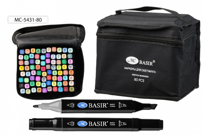Набор скетчмаркеров: двусторонние, маркеры на пластмассовых подставках в тканевой сумке; пулевидный и клиновидный наконечники 1,0-7,0 mm; чёрный четырёхгранный корпус; на спиртовой основе; 80 цветов.