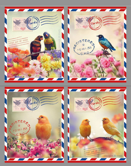 Тетрадь ученическая 60 л.в клетку "Birds Letter" (ассорти) евроспираль, лам.