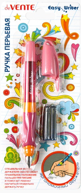 Ручка перьевая "deVENTE. Easy Writer" перо среднее M (Medium) с эргономичным корпусом и резиновым держателем, в комплекте с 2-мя баллончиками 0,8 мл, розовый корпус